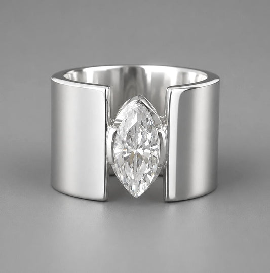 Wide Band Ring for Women: Marquise Cut Moissanite AG950 Silver