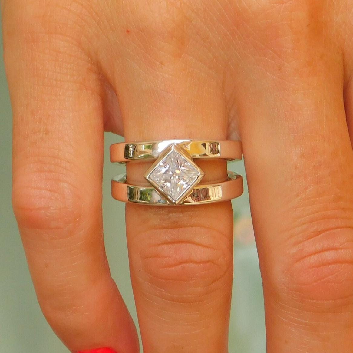 Princess Cut Moissanite Ring, Tension setting Engagement Ring, Silver AG 950 Square Stone