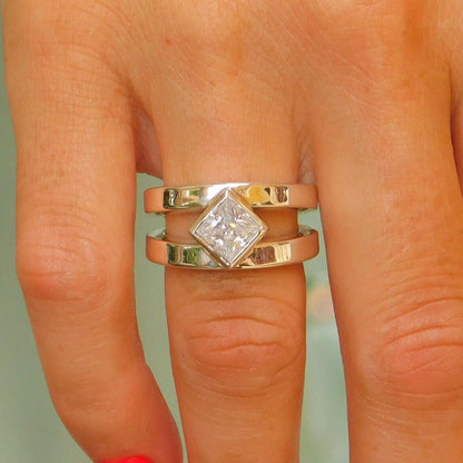 Princess Cut Moissanite Ring, Tension setting Engagement Ring, Silver AG 950 Square Stone