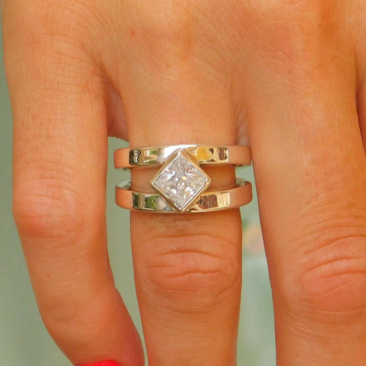 Princess Cut Moissanite Ring, Tension setting Engagement Ring, Silver AG 950 Square Stone