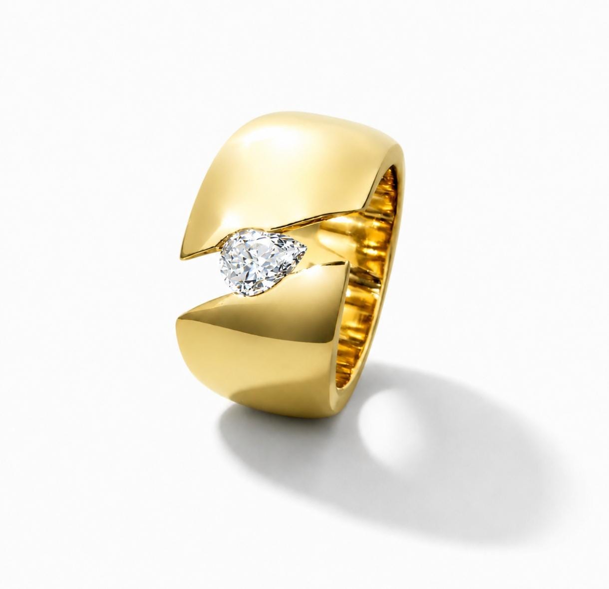 Wide Band Moissanite Ring: Gold Dome Tension Setting