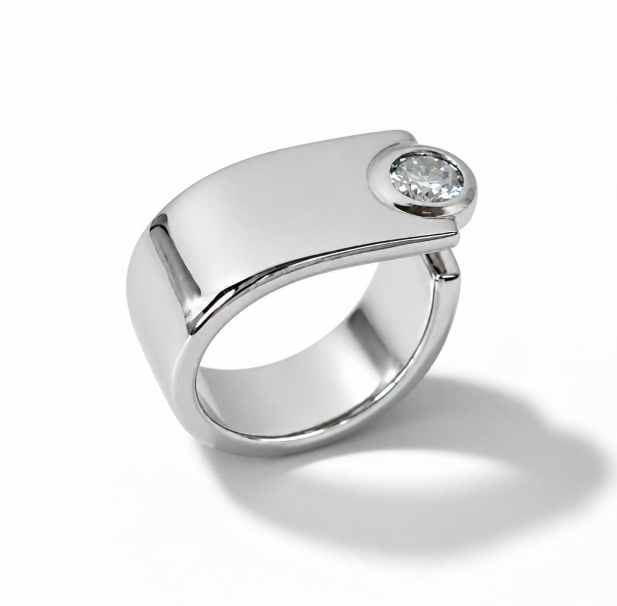 Moissanite Statement Ring: Contemporary Offset Solitaire Engagement Band