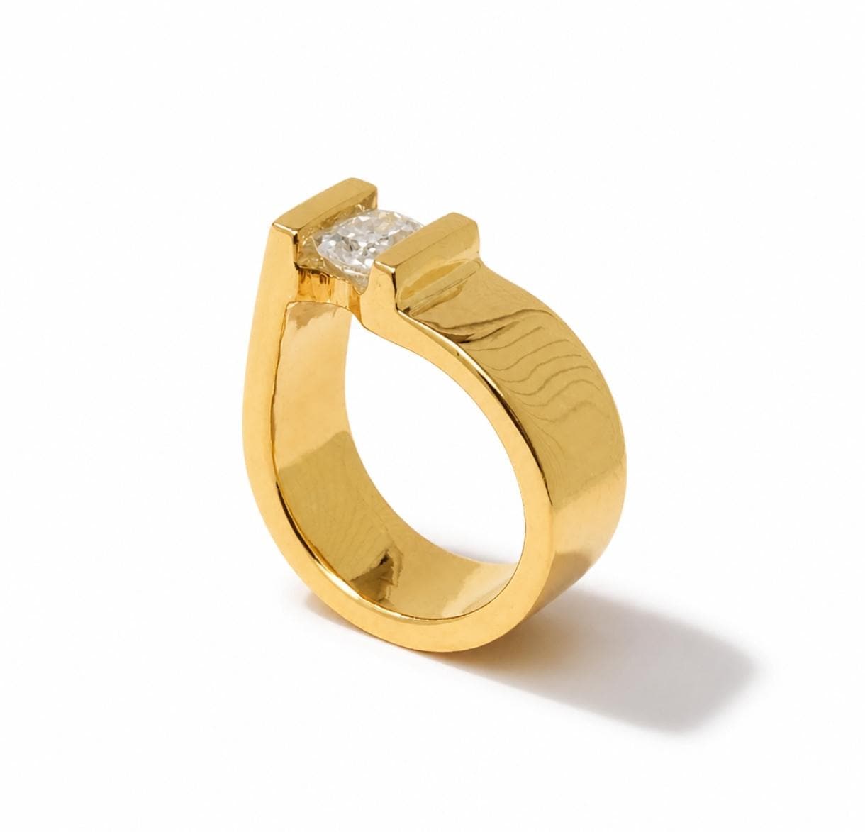 Tension Set Moissanite Engagement Ring, Gold Plated Solitaire, Radiant Cut Stone