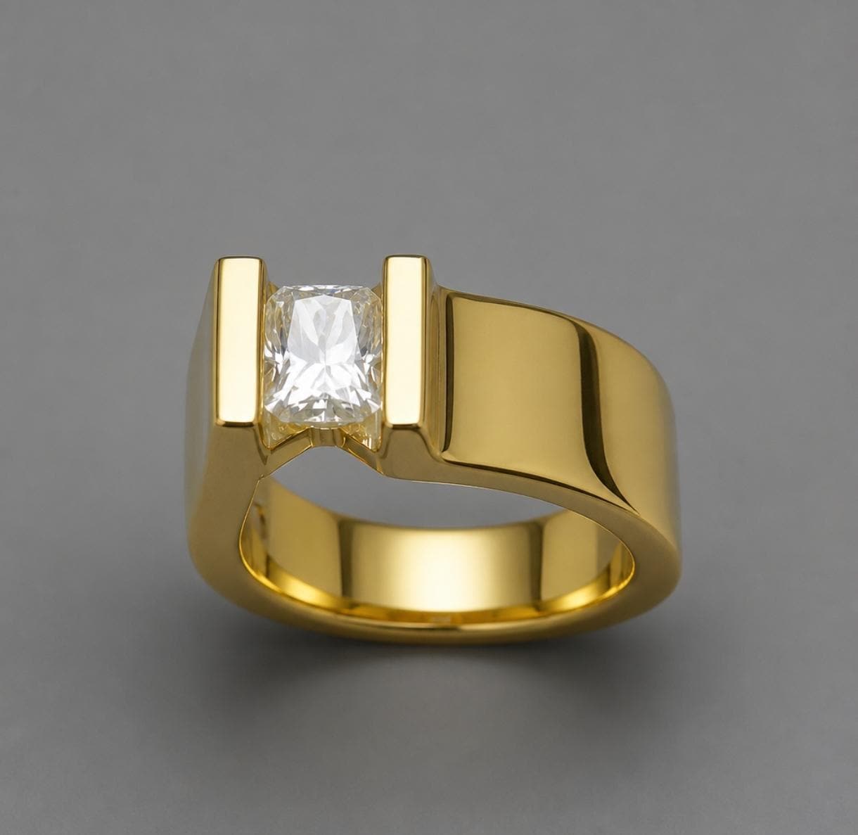 Tension Set Moissanite Engagement Ring, Gold Plated Solitaire, Radiant Cut Stone