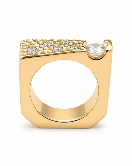 Moissanite Statement Ring: Gold Plated Square Band, Tension Setting