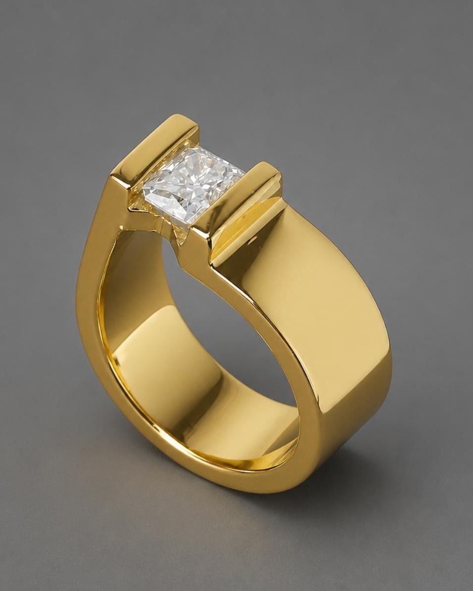 Tension Set Moissanite Engagement Ring, Gold Plated Solitaire, Radiant Cut Stone