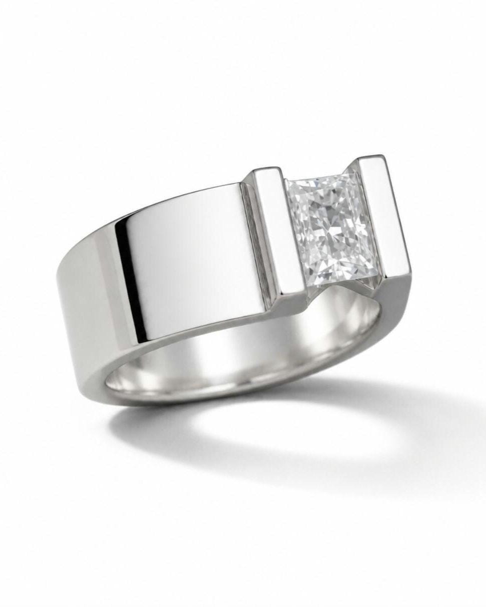 Silver Solitaire ring: Moissanite Tension Setting Statement Ring