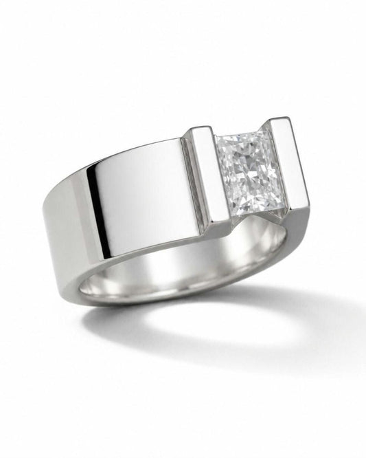 Silver Solitaire ring: Moissanite Tension Setting Statement Ring