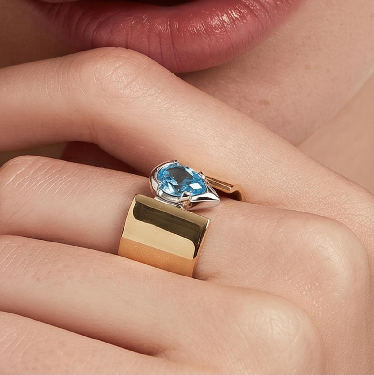Wide Band Engagement Ring: Blue Topaz Pear Shape, Bi-Metal Gold Tone And Silver