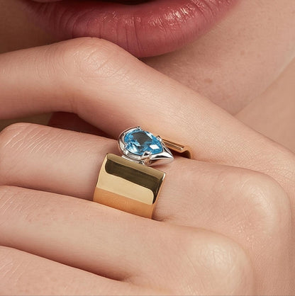 Wide Band Engagement Ring: Blue Topaz Pear Shape, Bi-Metal Gold Tone And Silver