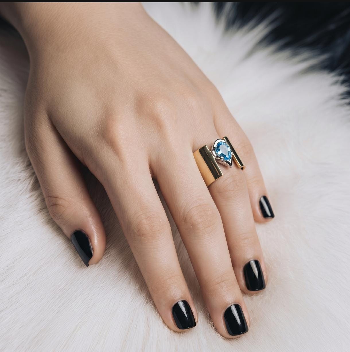 Wide Band Engagement Ring: Blue Topaz Pear Shape, Bi-Metal Gold Tone And Silver