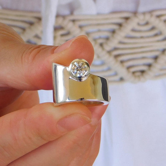 Statement Ring: 1 Ct Moissanite Ring, Wedding Band Silver, Asymmetrical Design