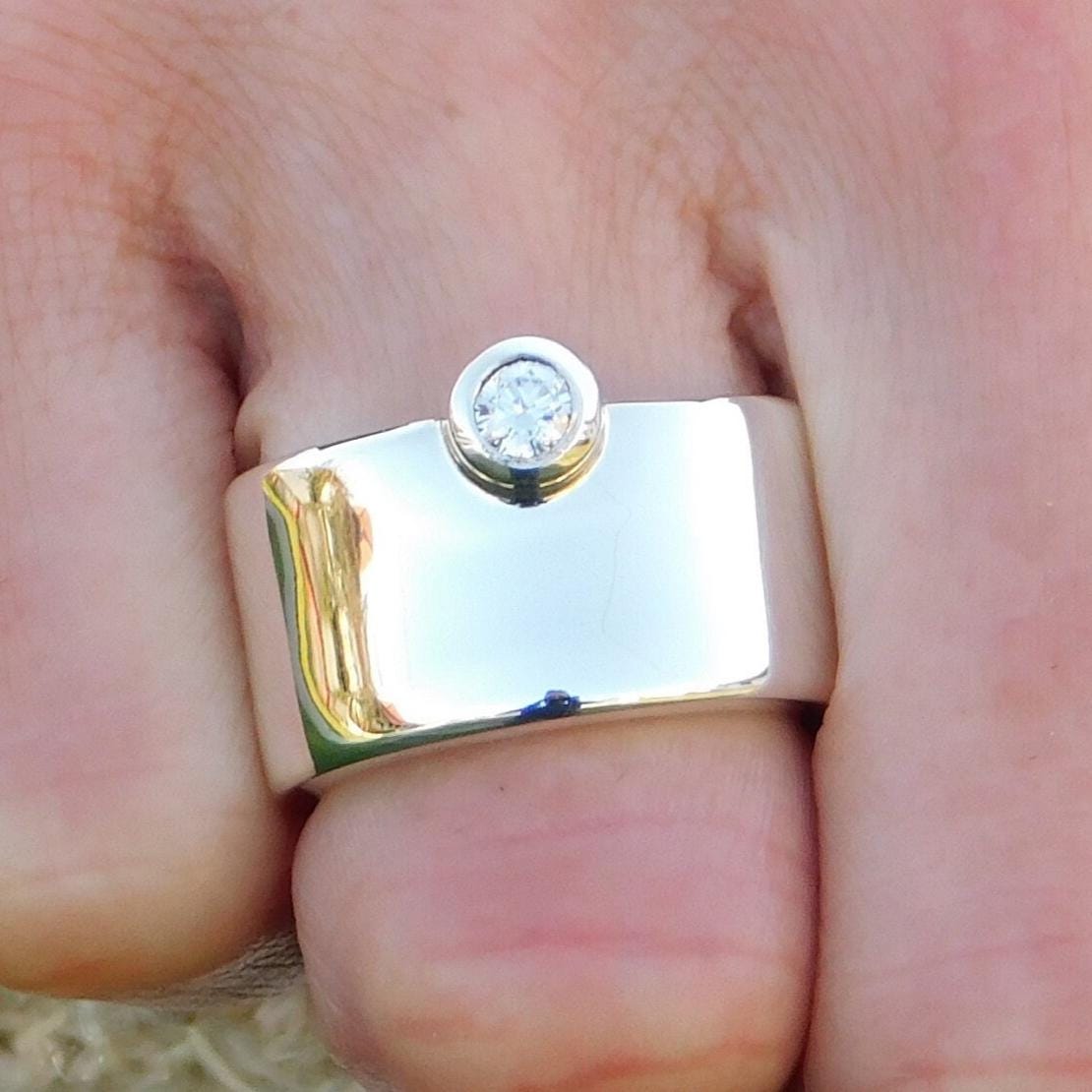 Chunky Wedding Band: Wide Moissanite Ring, Solitaire Band, Silver AG 950