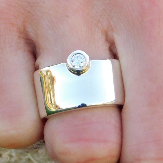 Chunky Wedding Band: Wide Moissanite Ring, Solitaire Band, Silver AG 950