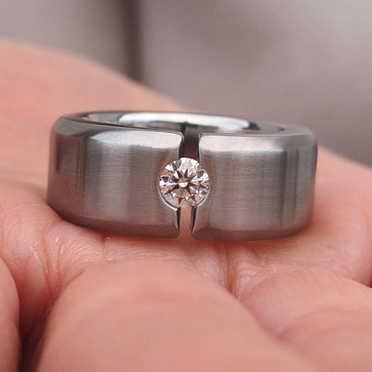 Chunky Wedding Band: Tension Set Moissanite Ring, Stainless Steel