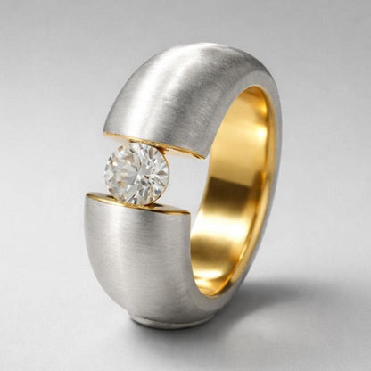 Proposal Ring: Moissanite Tension Setting, Bi-Color Design with Brushed Finish