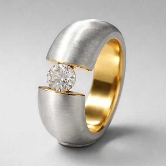Proposal Ring: Moissanite Tension Setting, Bi-Color Design with Brushed Finish