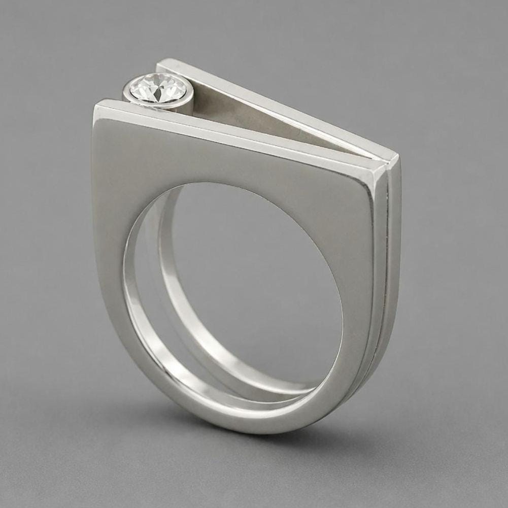 Double Band Engagement Ring: Moissanite Solitaire, Half Square Design