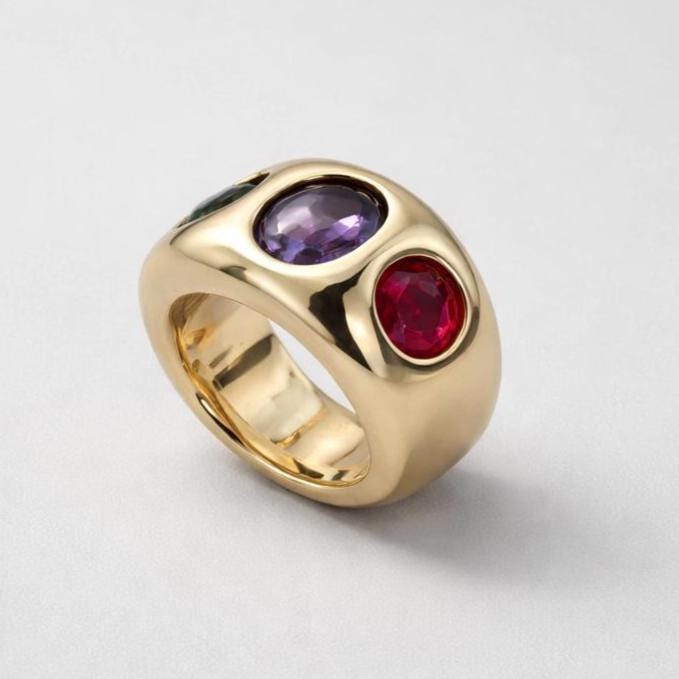 Statement Ring For Women: Gipsy Art design, Multi Color Gemstones, Dome Band Gold Tone
