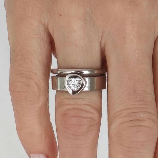 Moissanite Engagement Ring Set of Two: Palladium coated AG950 Silver Wedding Band