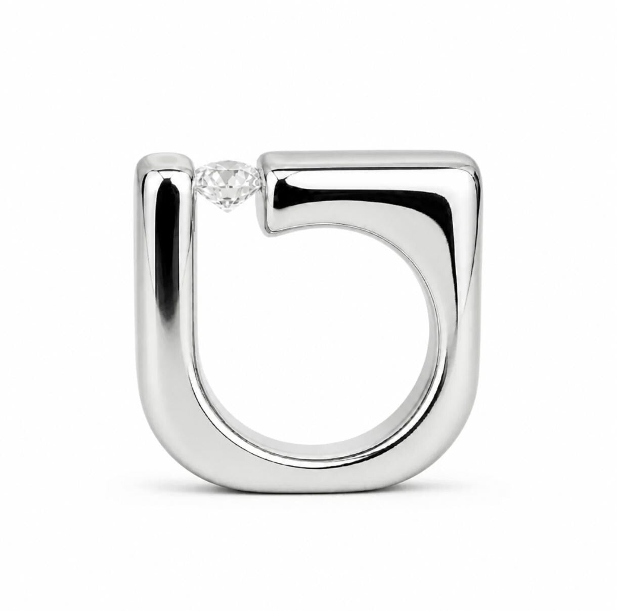 Diamond Engagement Ring: MoissaniteTension Set, Square Band, Silver Ag950