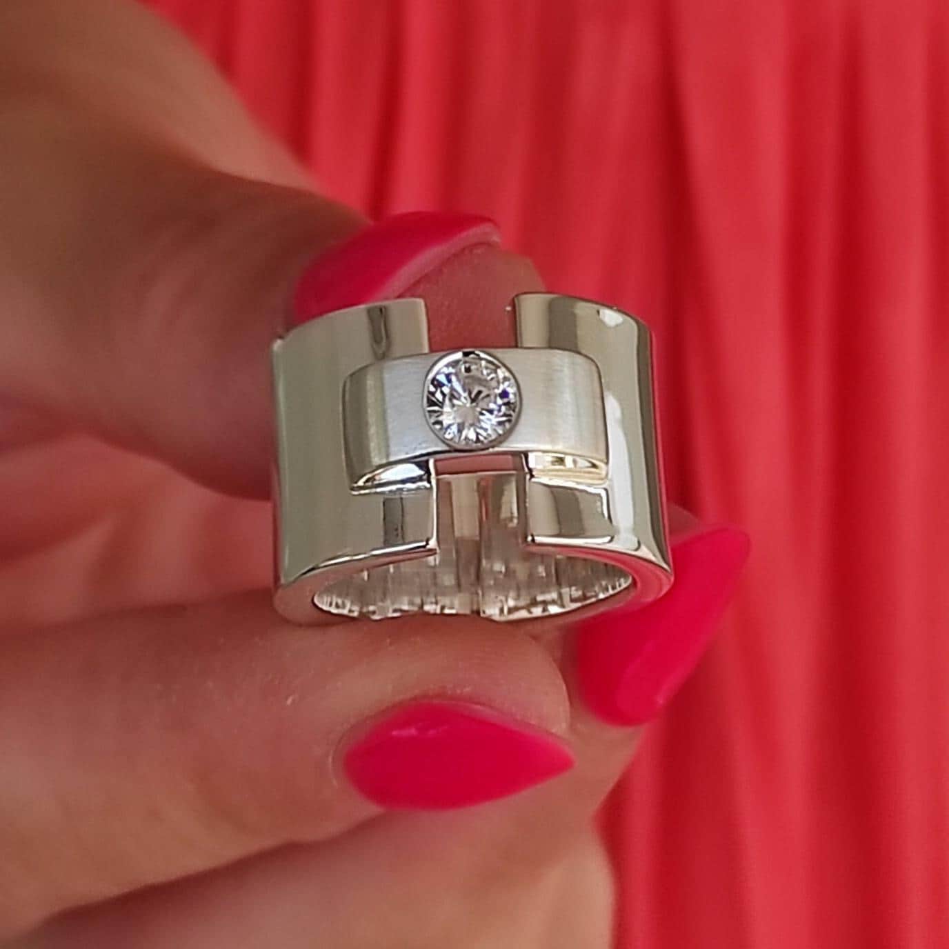 Chunky Silver Wedding Band: Moissanite Engagement Ring