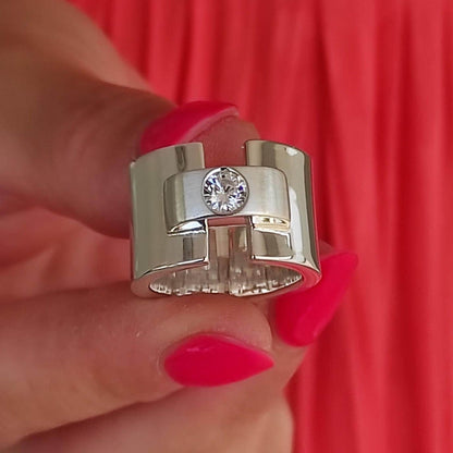 Chunky Silver Wedding Band: Moissanite Engagement Ring