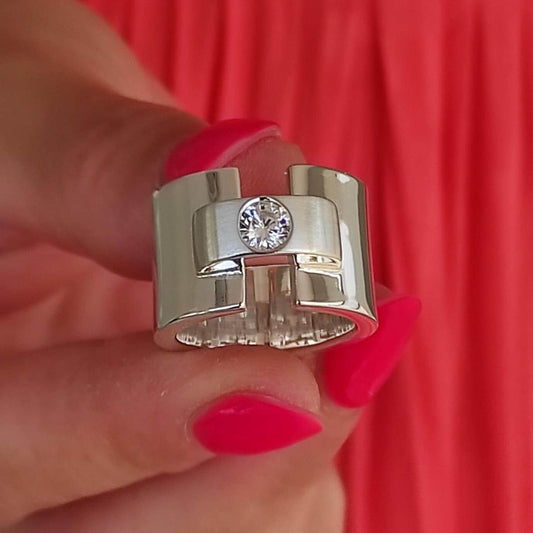 Chunky Silver Wedding Band: Moissanite Engagement Ring