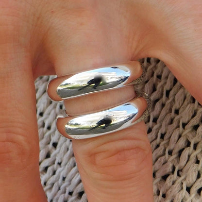 Ring Set of Two: Wide Band Statement Jewelry, Silver Chunky Dome