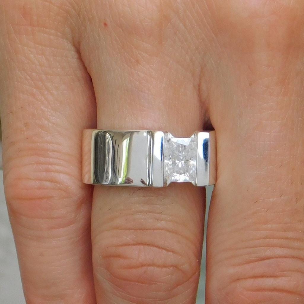 Silver Solitaire ring: Moissanite Tension Setting Statement Ring