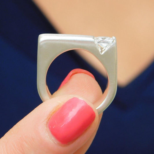 Square Silver Ring, Princess Cut Moissanite Tension Setting, Minimalist Statement Band