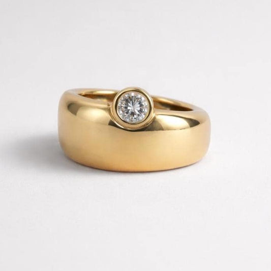 Unisex Wedding Ring: Wide Band For Men And Women, Offset Diamond, Gold Tone