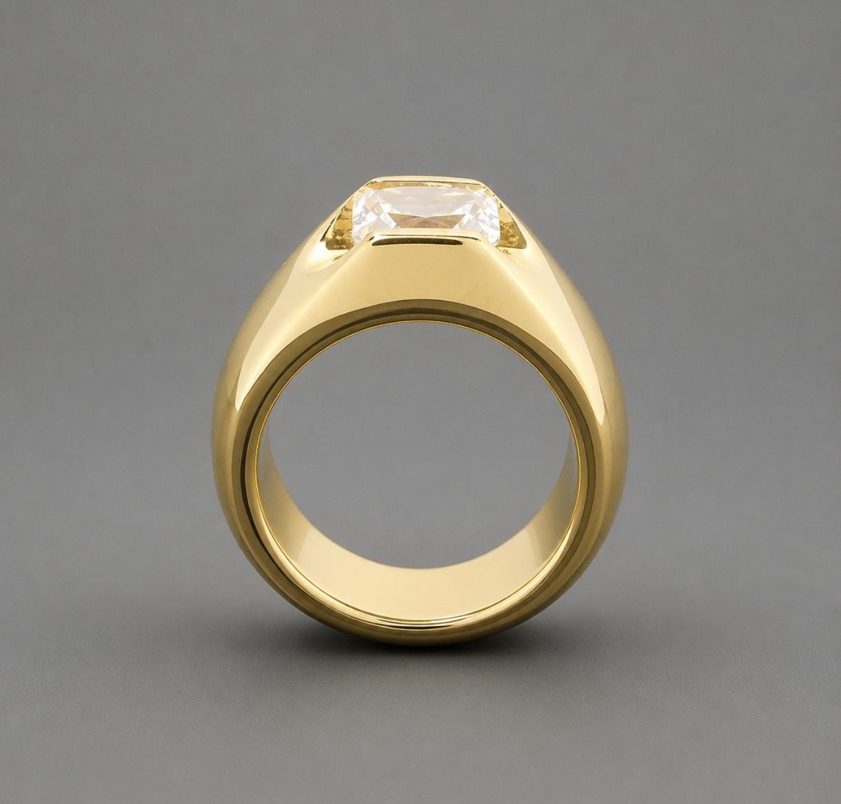 Emerald Cut Engagement Ring, Dome Statement Ring Gold Tone