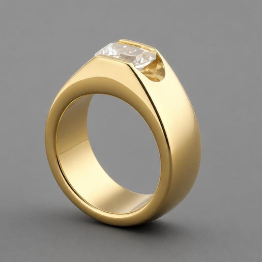 Emerald Cut Engagement Ring, Dome Statement Ring Gold Tone