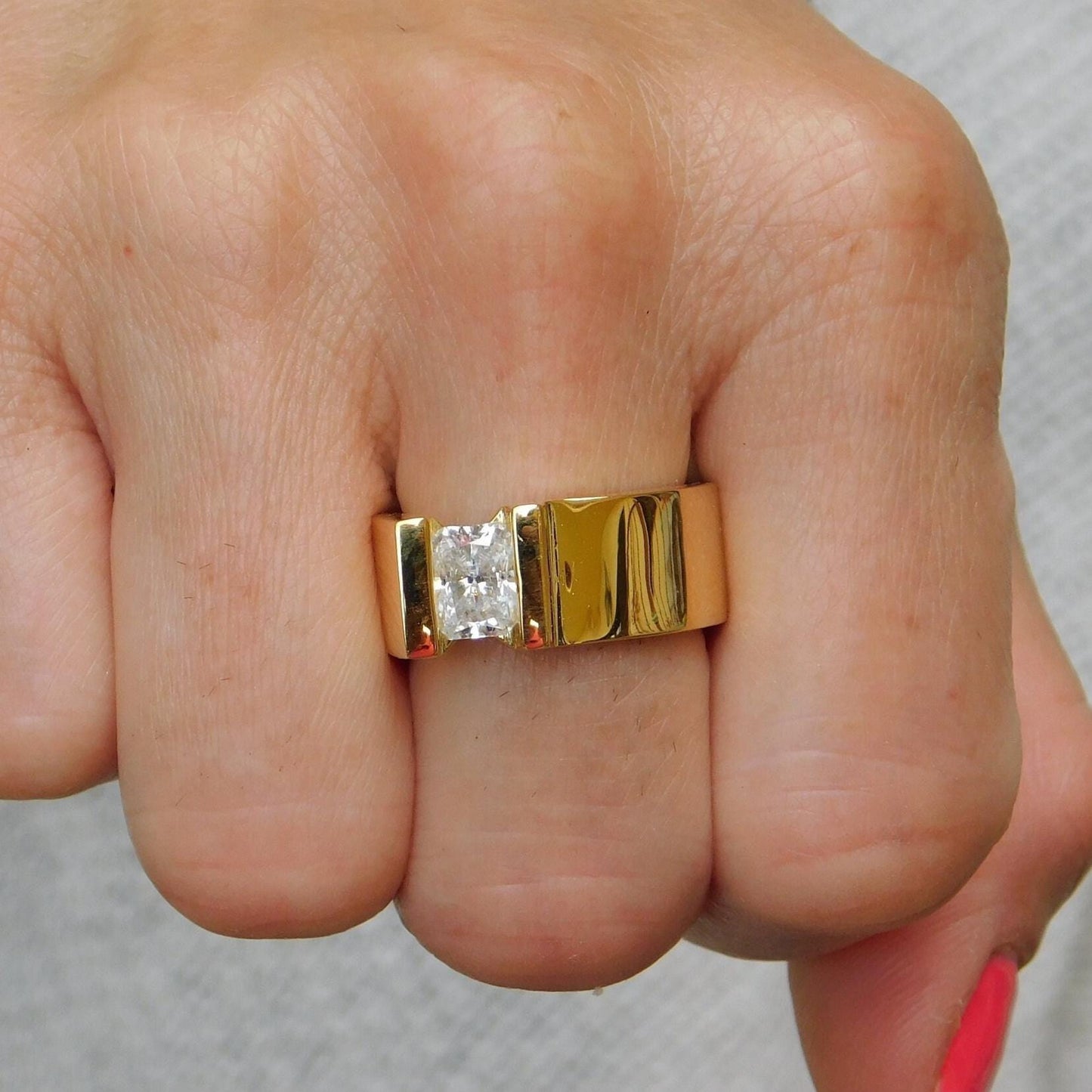 Tension Set Moissanite Engagement Ring, Gold Plated Solitaire, Radiant Cut Stone