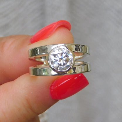 Promise Ring Silver: Big Moissanite, AG950 Silver Bezel Solitaire