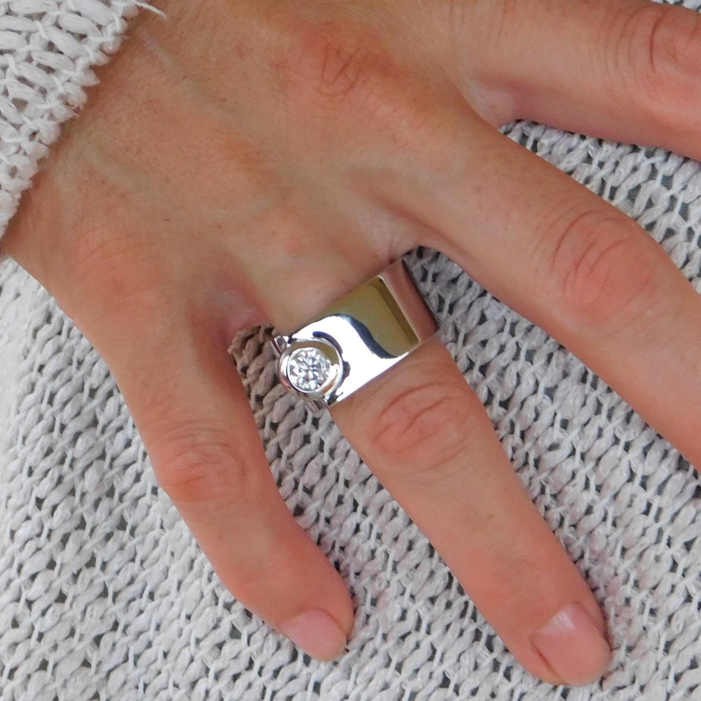 Moissanite Statement Ring: Contemporary Offset Solitaire Engagement Band