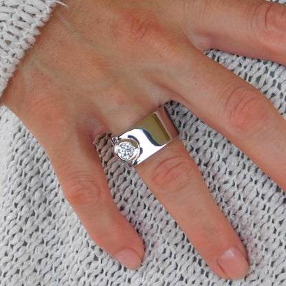 Moissanite Statement Ring: Contemporary Offset Solitaire Engagement Band