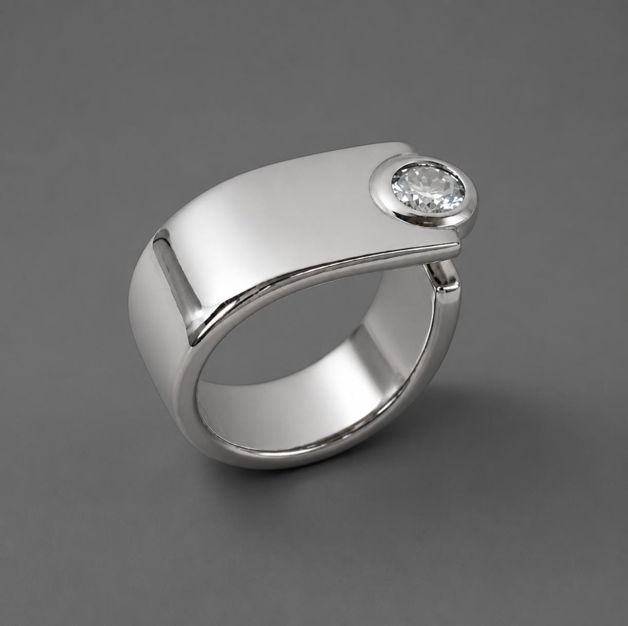 Moissanite Statement Ring: Contemporary Offset Solitaire Engagement Band
