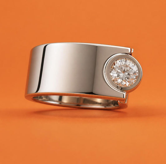 Moissanite Statement Ring: Contemporary Offset Solitaire Engagement Band