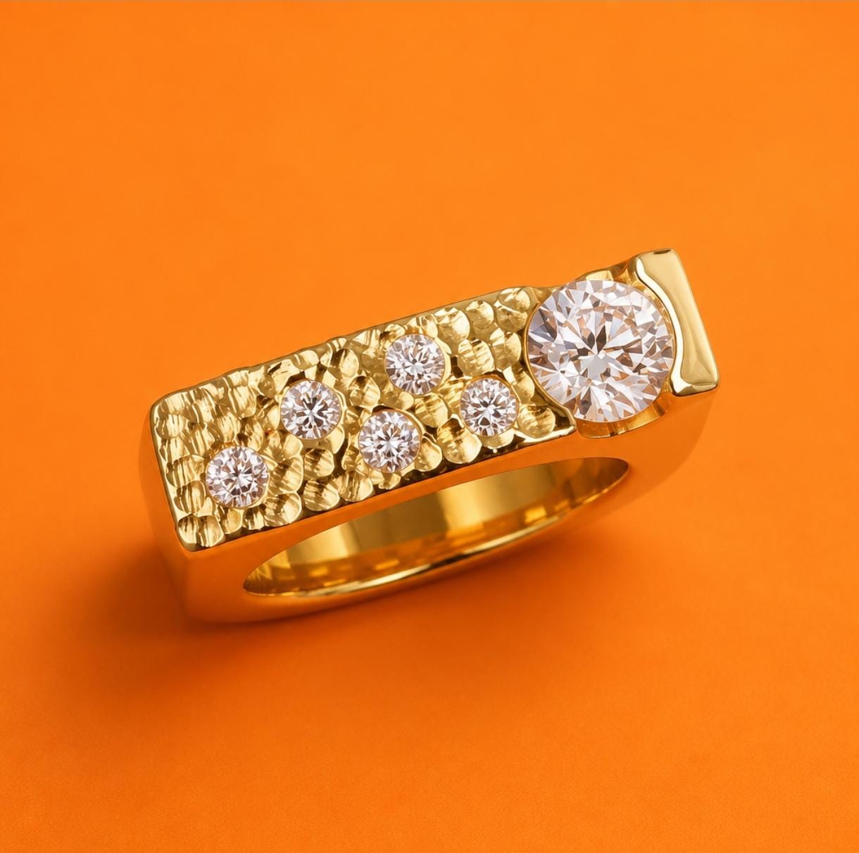 Moissanite Statement Ring: Gold Plated Square Band, Tension Setting