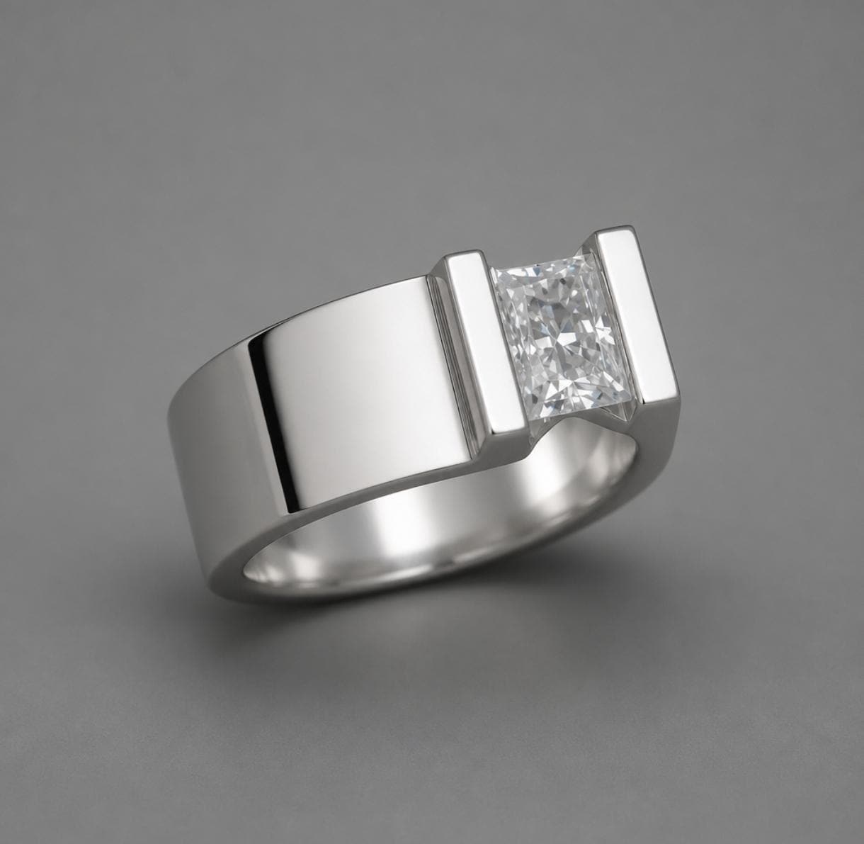 Silver Solitaire ring: Moissanite Tension Setting Statement Ring
