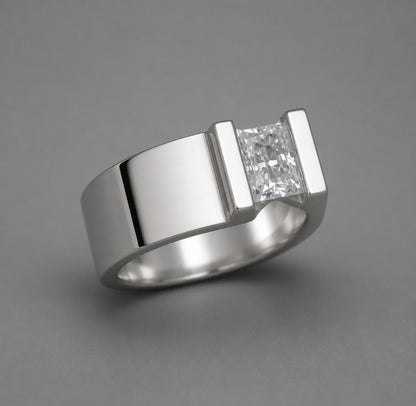 Silver Solitaire ring: Moissanite Tension Setting Statement Ring
