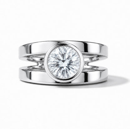 Big Moissanite Engagement Ring: Double Shank Bezel Setting, Gold Plated Silver AG 950
