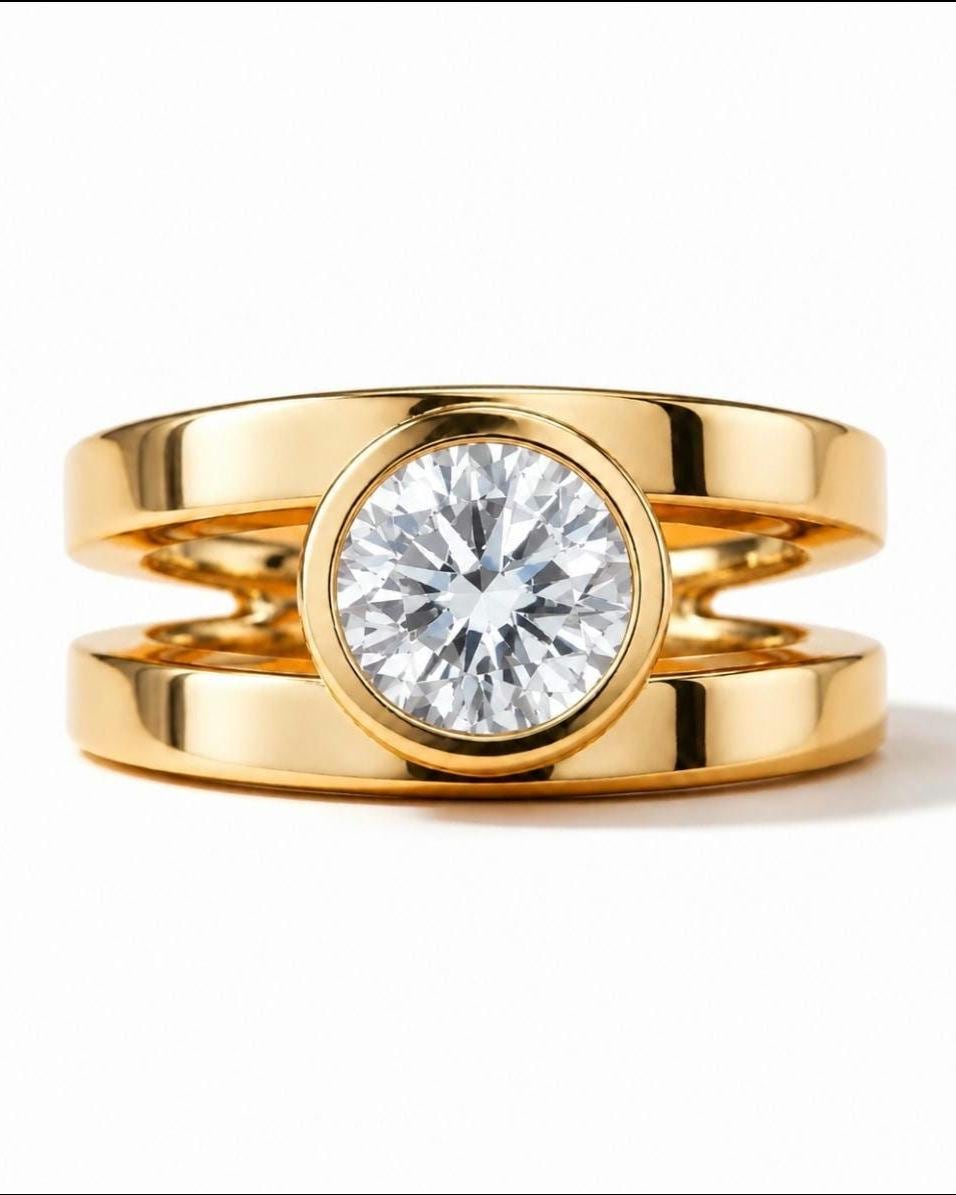 Big Moissanite Engagement Ring: Double Shank Bezel Setting, Gold Plated Silver AG 950