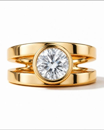 Big Moissanite Engagement Ring: Double Shank Bezel Setting, Gold Plated Silver AG 950