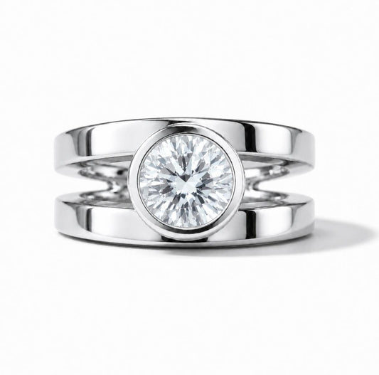 Promise Ring Silver: Big Moissanite, AG950 Silver Bezel Solitaire
