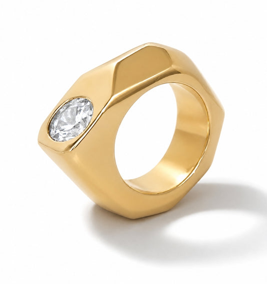 Statement Ring: 2 CT Moissanite, Origami Design, Asymmetrical Square Band